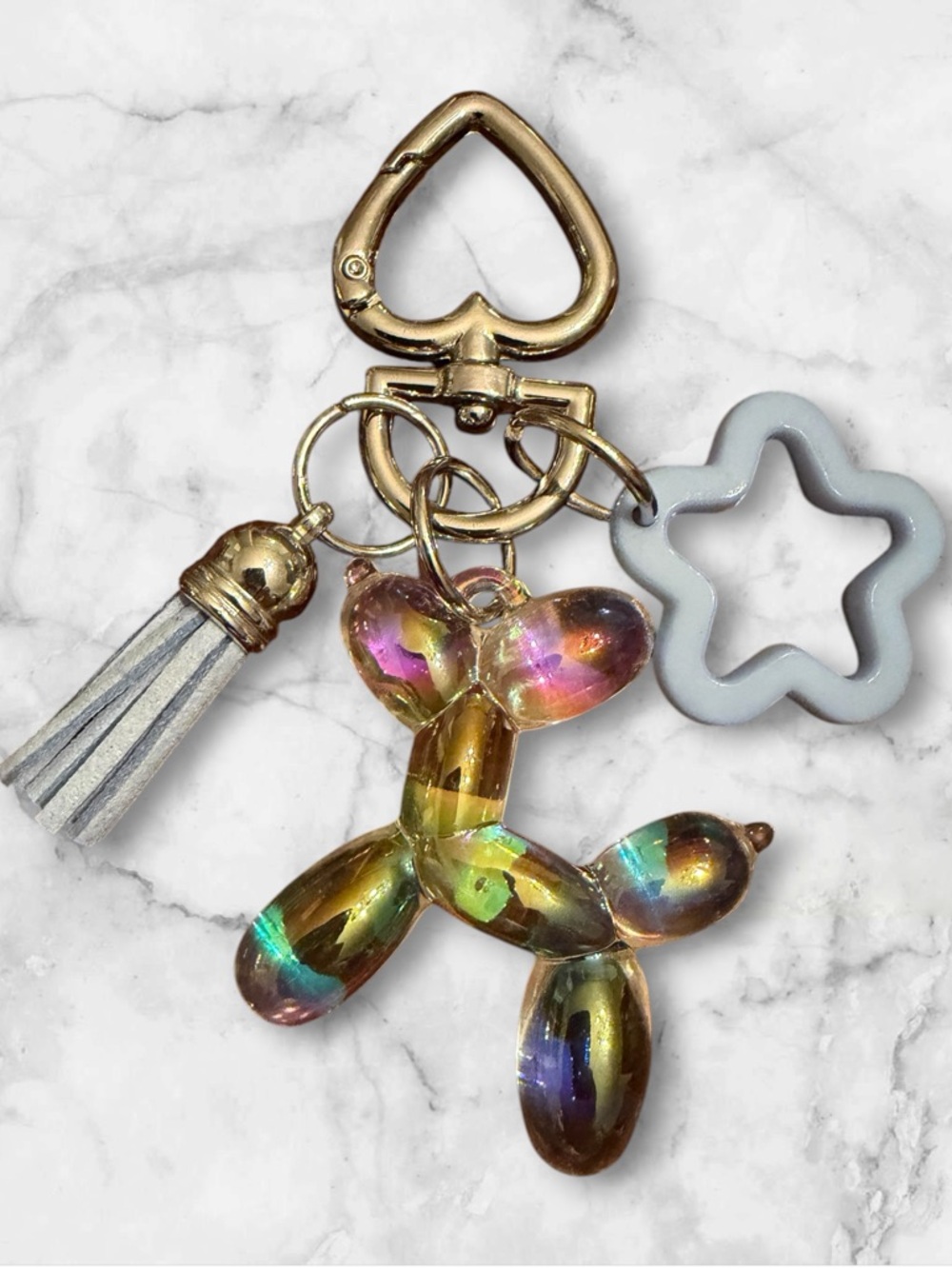 Iridescent Balloon Dog Keychain with Tassel and Star Charm - Picture 1 of 1